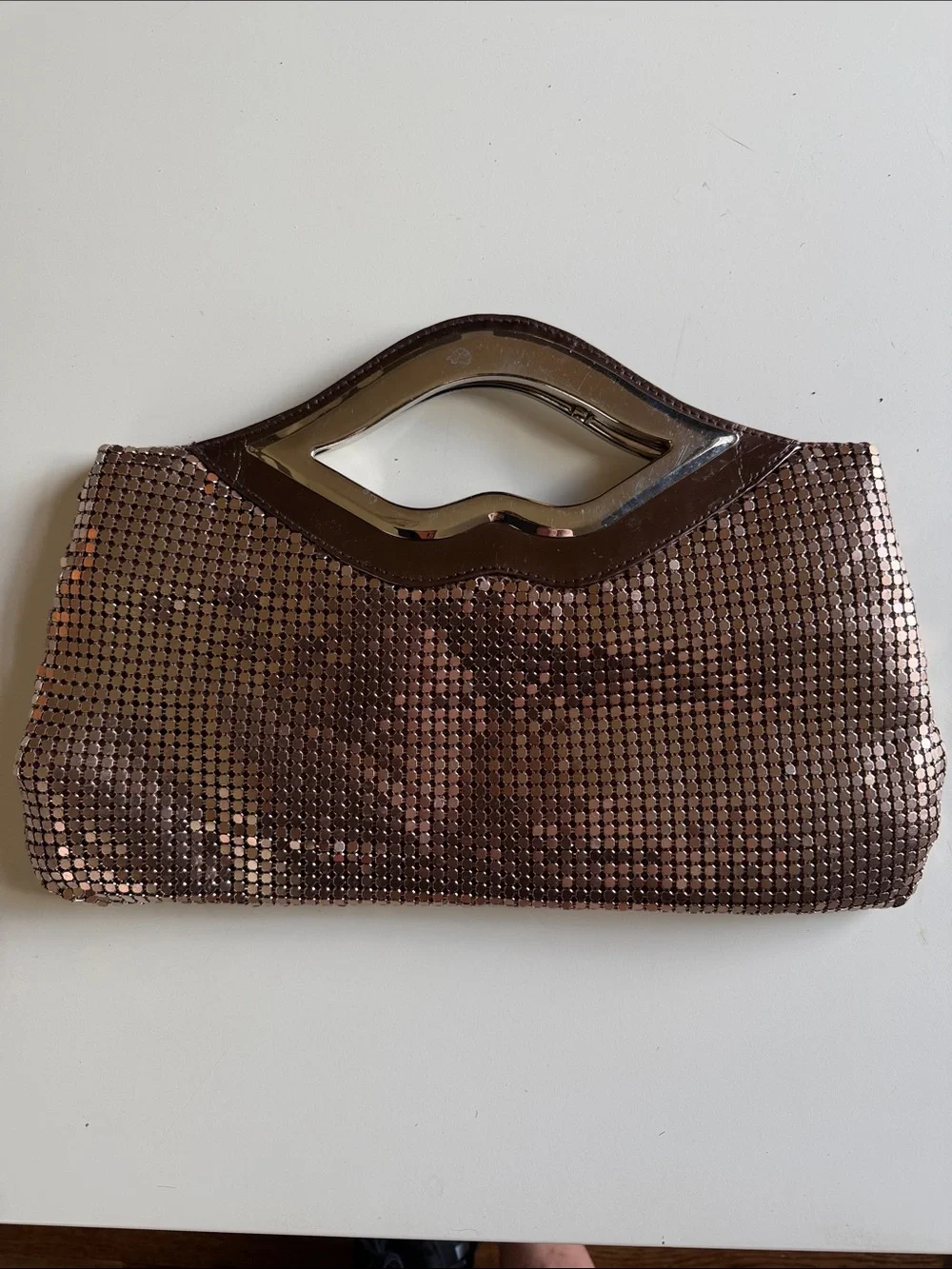 Copper Rose Gold Metal Mesh Clutch Evening Bag Geometric Handle